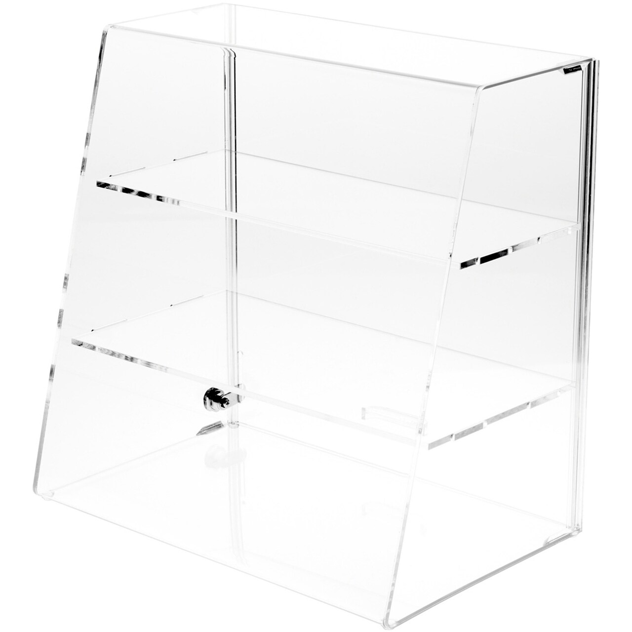 Plymor Clear Acrylic Locking Display Case with Slanted Front and Sliding Back, 2 Flat Shelves